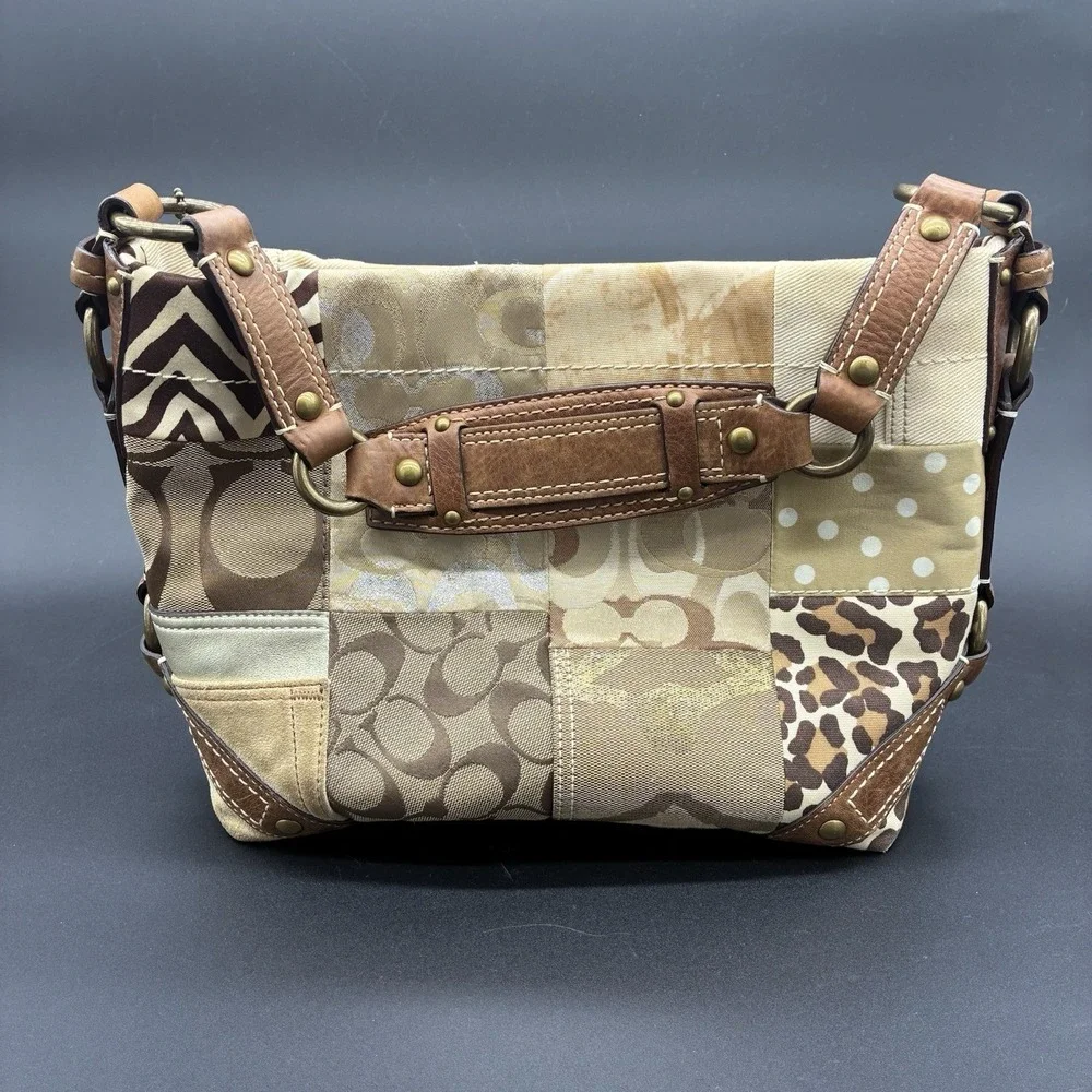 Coach Carly 10814 Y2K Patchwork Signature Hobo Shoulder Bag Brown‎ Tan Canvas